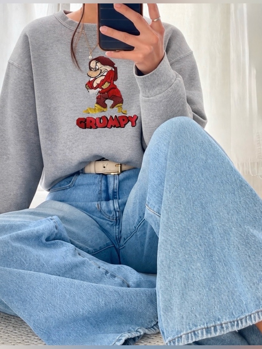 Vintage Disney Store GRUMPY Sweatshirt Gray Adult Medium Embroidered 90's Cotton